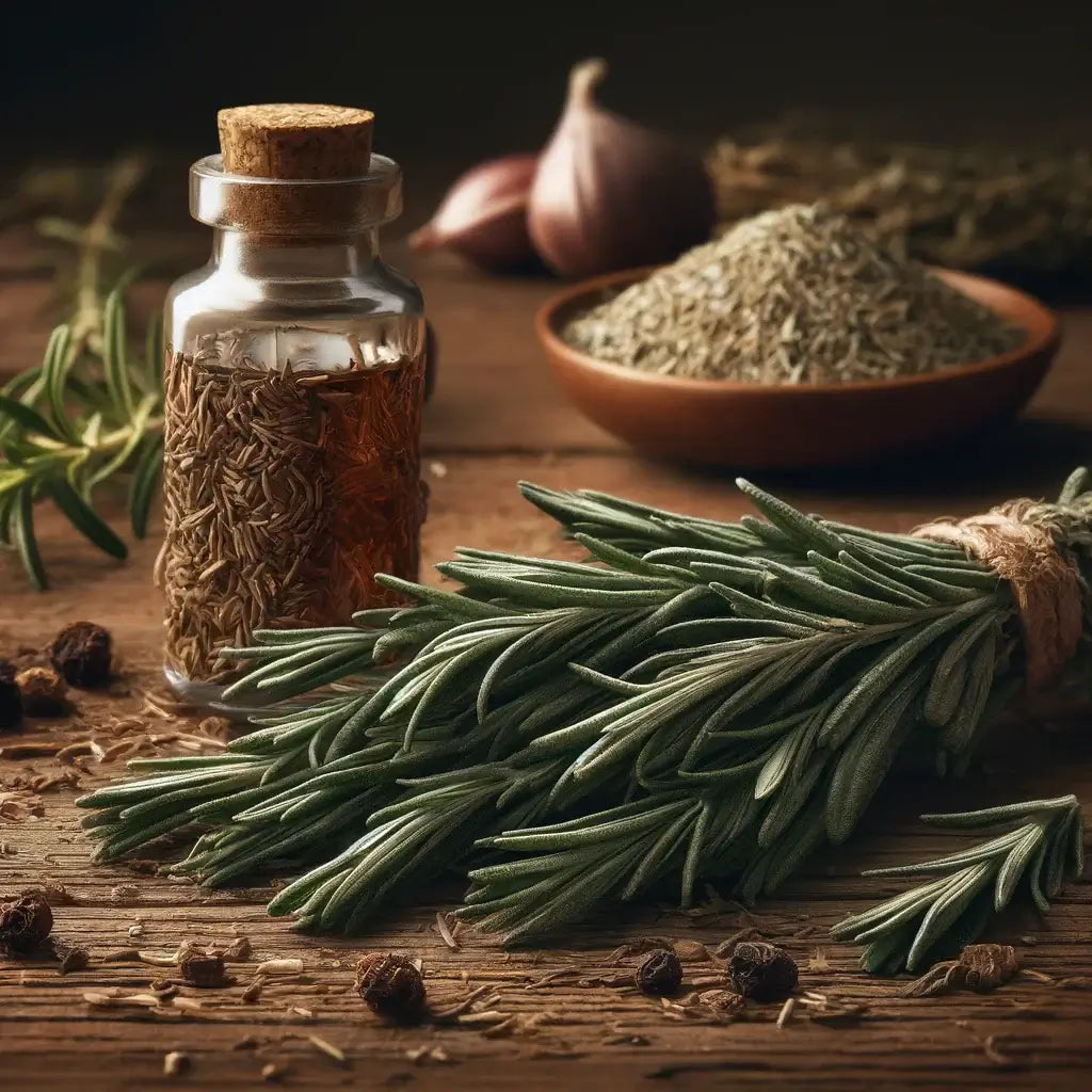 Fresh rosemary sprigs and dried rosemary in kraft paper packaging for optimal freshness and flavor preservation on a rustic wooden table.