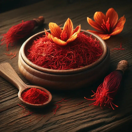 Wooden bowl filled with natural saffron threads, surrounded by saffron flowers and powder on a rustic wooden table.